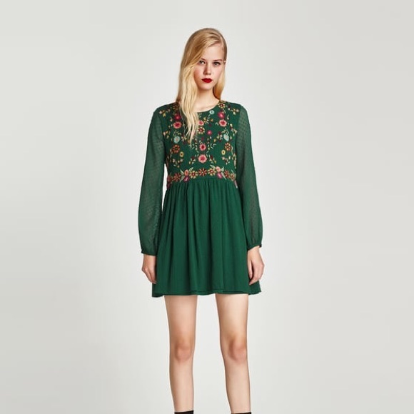 zara green embroidered dress